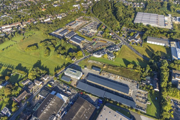 Aerial view, Herne recycling centre and new central depot on Meesmannstraße in the district of Holsterhausen in Herne, Ruhr area, North Rhine-Westphalia, Germany, DE, Europe, commercial enterprises, commercial area, commercial site, commercial use, Herne, vehicle licensing authority, aerial view, aerial photography, aerial photography, recycling centre, overview, bird's eye view, Herne recycling centre, bird's eye view, overview
