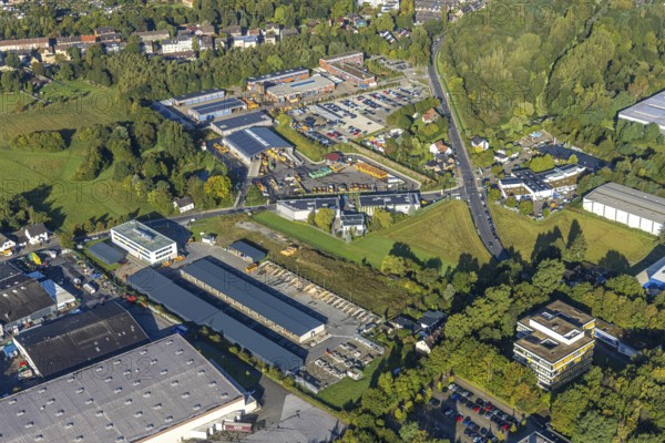 Aerial view, Herne recycling centre and new central depot on Meesmannstraße in the district of Holsterhausen in Herne, Ruhr area, North Rhine-Westphalia, Germany, DE, Europe, commercial enterprises, commercial area, commercial site, commercial use, Herne, vehicle licensing authority, aerial view, aerial photography, aerial photography, recycling centre, overview, bird's eye view, Herne recycling centre, bird's eye view, overview