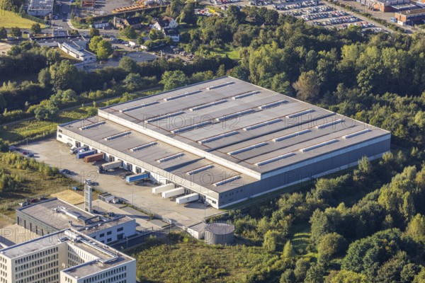 Aerial view, commercial area Koniner Straße with logistics hall in the district Holsterhausen in Herne, Ruhr area, North Rhine-Westphalia, Germany, DE, Europe, commercial enterprises, commercial area, commercial area, commercial location, commercial use, Herne, industrial area, industrial location, aerial view, aerial photography, aerial photography, overview, bird's-eye view, overview