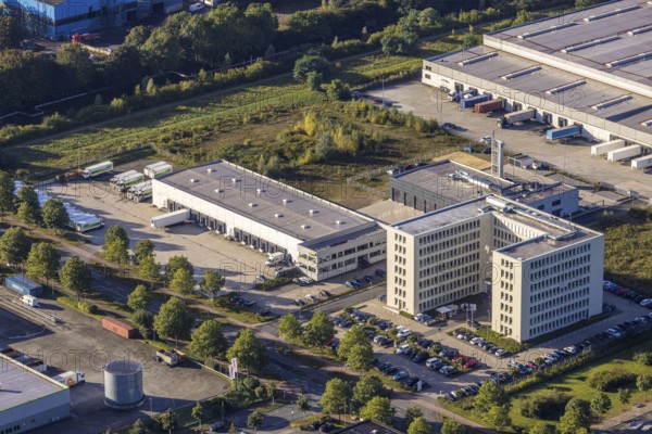 Aerial view, commercial area Koniner Straße with denree wholesaler and job centre Herne in the district Holsterhausen in Herne, Ruhr area, North Rhine-Westphalia, Germany, DE, Europe, commercial enterprises, commercial area, commercial location, commercial use, Herne, industrial area, industrial location, aerial photograph, aerial photography, aerial photography, overview, bird's-eye view, bird's-eye view, overview