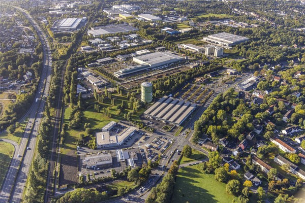 Aerial view, Gasometer Herne and commercial area Koniner Straße in the district Holsterhausen in Herne, Ruhr area, North Rhine-Westphalia, Germany, DE, DECATHLON Herne, Europe, commercial enterprises, commercial area, commercial location, commercial use, Herne, industrial area, industrial location, aerial photograph, aerial photography, aerial photography, overview, bird's eye view, birds-eyes view, overview