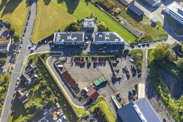 Aerial view, steel company building with solar roof opposite the recycling centre in the district Holsterhausen in Herne, Ruhr area, North Rhine-Westphalia, Germany, DE, Europe, Herne, aerial view, aerial photography, aerial photography, overview, bird's-eye view, overview