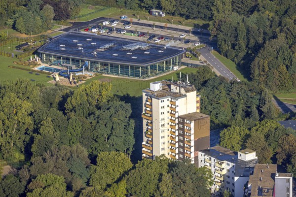 Aerial view, Wananas sports and leisure pool in the district Baukau-West in Herne, Ruhr area, North Rhine-Westphalia, Germany, bathing establishment, bathing resort, DE, Europe, leisure activities, indoor swimming pool, Herne, aerial photograph, aerial photography, aerial photography, swimming pool, overview, bird's-eye view, birds-eyes view, overview