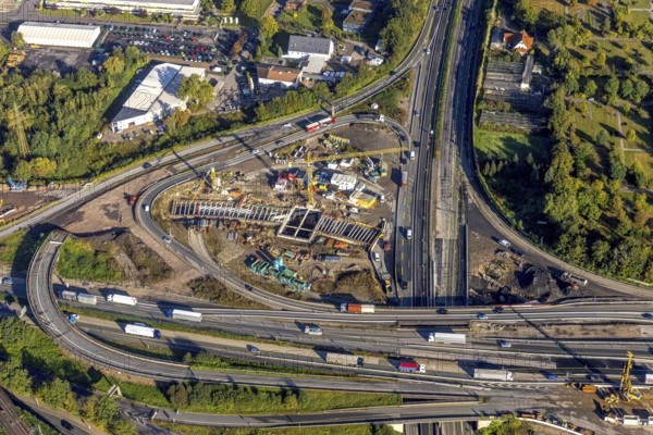 Aerial view, construction site with tunnel construction at the motorway junction Herne of the A42 and A43 in the district Baukau-West in Herne, Ruhr area, North Rhine-Westphalia, Germany, motorway, motorway junction, construction work, construction area, building site, building plots, construction project, construction site, DE, Europe, Herne, aerial view, aerial photography, aerial photography, overview, connecting tunnel, bird's-eye view, overview