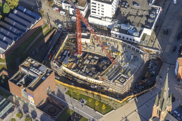 Aerial view, construction site and new building Europaplatz and Europagarten with Kreuzkirche in the district Herne-Mitte in Herne, Ruhr area, North Rhine-Westphalia, Germany, construction work, construction area, building site, building plots, construction project, construction site, DE, Europe, Europagarten, Herne, LWL-Museum für Archäologie, aerial view, aerial photography, aerial photography, museum, new building, overview, bird's-eye view, overview