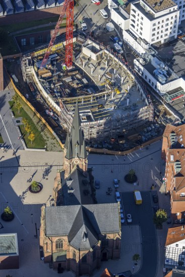 Aerial view, construction site and new building Europaplatz and Europagarten with Kreuzkirche in the district Herne-Mitte in Herne, Ruhr area, North Rhine-Westphalia, Germany, place of worship, construction work, construction area, building site, building plots, construction project, construction site, DE, Europe, Europe garden, religious community, place of worship, holy place, Herne, church, parish, denomination, aerial view, aerial photography, aerial photography, new building, religion, religious site, overview, bird's-eye view, overview