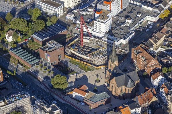 Aerial view, construction site and new building Europaplatz and Europagarten with Kreuzkirche in the district Herne-Mitte in Herne, Ruhr area, North Rhine-Westphalia, Germany, place of worship, construction work, construction area, building site, building plots, construction project, construction site, DE, Europe, Europe garden, religious community, place of worship, holy site, Herne, church, church community, denomination, LWL Museum of Archaeology, aerial view, aerial photography, aerial photography, new building, religion, religious site, overview, bird's-eye view, birds-eyes view, overview