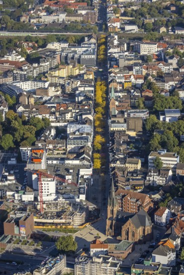 Aerial view, construction site and new building Europaplatz and Europagarten with Kreuzkirche and the pedestrian zone Bahnhofstraße in autumn colours in the district Herne-Mitte in Herne, Ruhr area, North Rhine-Westphalia, Germany, place of worship, construction work, construction area, building site, building plots, construction project, construction project, construction site, DE, Europe, Europe garden, religious community, place of worship, holy place, Herne, church, parish, denomination, aerial view, aerial photography, aerial photography, new building, religion, religious site, overview, bird's-eye view, birds-eyes view, overview