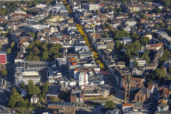 Aerial view, construction site and new building Europaplatz and Europagarten with Kreuzkirche in the district Herne-Mitte in Herne, Ruhr area, North Rhine-Westphalia, Germany, place of worship, construction work, construction area, building site, building plots, construction project, construction site, DE, Europe, Europe garden, religious community, place of worship, holy place, Herne, church, parish, denomination, aerial view, aerial photography, aerial photography, new building, religion, religious site, overview, bird's-eye view, overview