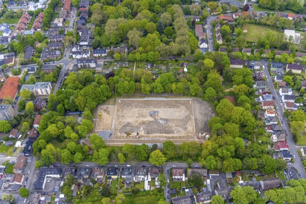 Aerial photo, construction site and modernisation Horst Stadium, Holsterhausen, Herne, Ruhr area, North Rhine-Westphalia, Germany, construction work, construction area, construction site, building plots, construction project, construction site, DE, Europe, football pitch, football stadium, aerial photo, aerial photography, aerial photography, renovation, refurbishment, sports, sports facilities, sports field, sports facility, overview, bird's-eye view, overview