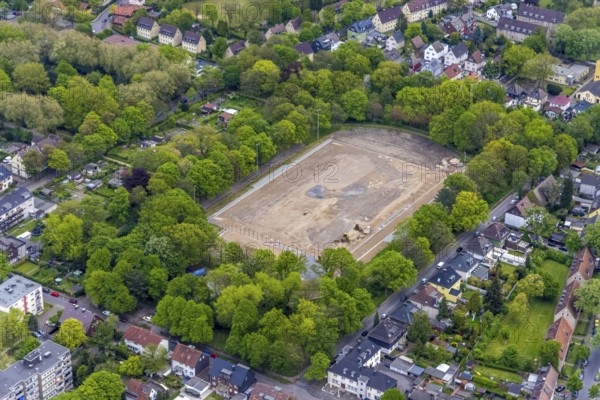 Aerial photo, construction site and modernisation Horst Stadium, Holsterhausen, Herne, Ruhr area, North Rhine-Westphalia, Germany, construction work, construction area, construction site, building plots, construction project, construction site, DE, Europe, football pitch, football stadium, aerial photo, aerial photography, aerial photography, renovation, refurbishment, sports, sports facilities, sports field, sports facility, overview, bird's-eye view, overview