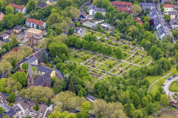 Aerial view, Lutheran church, cemetery Auf der Wilbe, Röhlinghausen, Herne, Ruhr area, North Rhine-Westphalia, Germany, place of worship, burial place, DE, Europe, cemetery, memorial, religious community, place of worship, church, church congregation, denomination, aerial photograph, aerial photography, aerial photography, religion, religious site, resting place, overview, bird's eye view, bird's eye view, overview