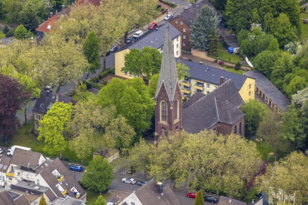 Aerial view, Lutherkirche, Röhlinghausen, Herne, Ruhr area, North Rhine-Westphalia, Germany, place of worship, DE, Europe, religious community, place of worship, holy place, church, parish, denomination, aerial photograph, aerial photography, aerial photography, religion, religious site, overview, bird's-eye view, overview