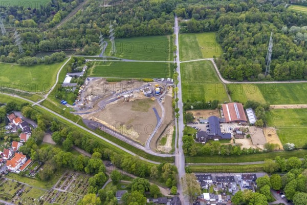 Aerial view, construction area Hofstraße am Hüller Bach, Röhlinghausen, Herne, Ruhr area, North Rhine-Westphalia, Germany, construction work, construction area, construction site, building plots, construction project, construction site, DE, Europe, aerial view, aerial photography, aerial photography, animal welfare association Herne-Wanne, overview, bird's eye view, birds-eyes view, green planting, overview