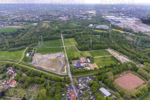 Aerial view, construction area Hofstraße am Hüller Bach, Röhlinghausen, Herne, Ruhr area, North Rhine-Westphalia, Germany, construction work, construction area, construction site, building plots, construction project, construction site, DE, Europe, aerial view, aerial photography, aerial photography, animal welfare association Herne-Wanne, overview, bird's eye view, birds-eyes view, green planting, overview
