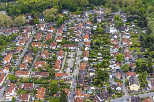 Aerial view, colony Hannover housing estate, Sassenburg Straße, Eickel, Herne, Ruhr area, North Rhine-Westphalia, Germany, DE, Europe, property tax, real estate, aerial photography, aerial photography, overview, bird's eye view, housing estate, housing and living, residential area, residential buildings, housing quality, residential neighbourhood, housing estate, colliery housing estate, birds-eyes view, overview