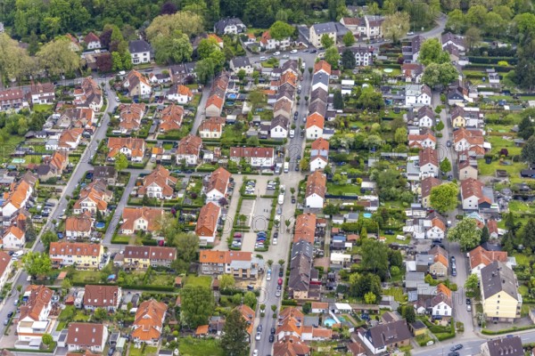 Aerial view, colony Hannover housing estate, Sassenburg Straße, Eickel, Herne, Ruhr area, North Rhine-Westphalia, Germany, DE, Europe, property tax, real estate, aerial photography, aerial photography, overview, bird's eye view, housing estate, housing and living, residential area, residential buildings, housing quality, residential neighbourhood, housing estate, colliery housing estate, birds-eyes view, overview