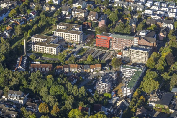 Aerial view, Widumer Höfe construction site at the Campus St. Elisabeth Group with eight educational institutions in the Sodingen district of Herne, Ruhr area, North Rhine-Westphalia, Germany, construction work, construction area, building site, building plots, construction project, construction site, educational institution, DE, Europe, Herne, Kath. Kliniken Rhein-Ruhr, aerial view, aerial photography, aerial photography, new building, overview, bird's eye view, Widumer Straße, birds-eyes view, overview