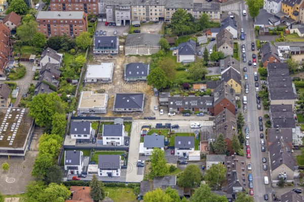Aerial view, construction site and new building Friedgrasstraße, Eickel, Herne, Ruhr area, North Rhine-Westphalia, Germany, DE, single-family houses, Europe, property tax, real estate, aerial view, aerial photography, aerial photography, overview, bird's-eye view, residential complex, living and living, residential area, residential buildings, residential quality, residential neighbourhood, housing estate, birds-eyes view, overview