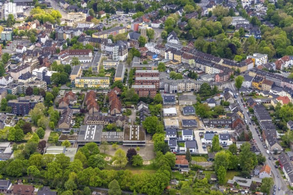 Aerial view, HülsmannSiedlung im Sud- und Treberviertel, construction site and new residential buildings Friedgrasstraße, primary school Europaschule Königstraße, Eickel, Herne, Ruhr area, North Rhine-Westphalia, Germany, brewery, education, educational institution, DE, Europe, gastro quarter, gastronomy, Hülsmann Gasthaus, Hülsmannweg, educational institute, aerial photograph, aerial photography, aerial photography, school, overview, bird's eye view, birds-eyes view, overview