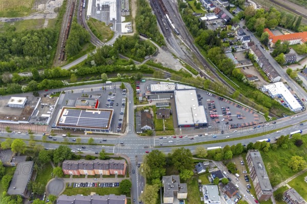 Aerial view, commercial area Dorstener Straße, local supply centre, Wanne-Süd, Herne, Ruhr area, North Rhine-Westphalia, Germany, Aldi supermarket, DE, shopping centre, Europe, aerial view, aerial photography, aerial photography, Rewe supermarket, overview, bird's eye view, birds-eyes view, overview