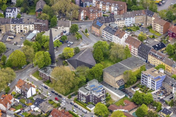 Aerial view, St. Barbara Church, Röhlinghausen, Herne, Ruhr area, North Rhine-Westphalia, Germany, place of worship, bunker, DE, Europe, religious community, place of worship, holy place, church, parish, denomination, aerial view, aerial photography, aerial photography, religion, religious site, overview, bird's-eye view, overview