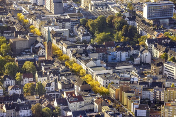 Aerial view, pedestrian zone Bahnhofstraße in autumn colours and St. Bonifatius Church in the district Herne-Mitte in Herne, Ruhr area, North Rhine-Westphalia, Germany, place of worship, DE, Europe, religious community, place of worship, holy place, Herne, church, parish, denomination, aerial view, aerial photography, aerial photography, religion, religious site, overview, bird's-eye view, overview