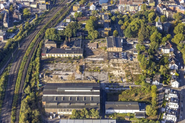 Aerial view, Müller brownfield site will become FunkenbergQuartier college in the Baukau district of Herne, Ruhr area, North Rhine-Westphalia, Germany, construction area, building site, building plots, construction project, brownfield site, DE, Europe, Herne, aerial view, aerial photography, aerial photography, overview, bird's-eye view, overview