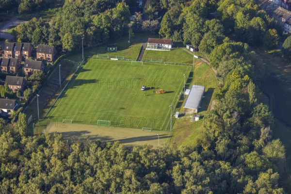 Aerial view, work at the football ground Dr. Jovanovic-Glück-Auf-Stadion of SV Sodingen 1912 in the district Börnig in Herne, Ruhr area, North Rhine-Westphalia, Germany, DE, Europe, football ground, football stadium, Herne, aerial view, aerial photography, aerial photography, sports, sports facilities, sports ground, sports facility, overview, bird's-eye view, overview