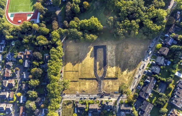Aerial view, construction area Schäferstraße corner Am Stadtgarten for a residential quarter in the district Herne-Mitte in Herne, Ruhr area, North Rhine-Westphalia, Germany, construction work, construction area, building site, building plots, construction project, construction site, DE, Europe, Herne, aerial photograph, aerial photography, aerial photography, overview, bird's-eye view, bird's-eye view, overview