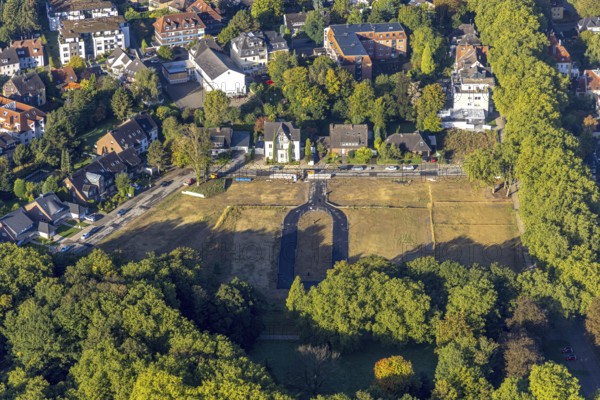 Aerial view, construction area Schäferstraße corner Am Stadtgarten for a residential quarter in the district Herne-Mitte in Herne, Ruhr area, North Rhine-Westphalia, Germany, construction work, construction area, building site, building plots, construction project, construction site, DE, Europe, Herne, aerial photograph, aerial photography, aerial photography, overview, bird's-eye view, bird's-eye view, overview