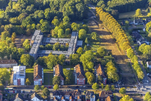 Aerial view, Otto-cock-Gymnasium Herne with construction road at Hölkeskampring in the district Sodingen in Herne, Ruhr area, North Rhine-Westphalia, Germany, education, educational institution, DE, Europe, grammar school, Herne, educational institute, aerial view, aerial photography, aerial photography, school, overview, bird's-eye view, overview