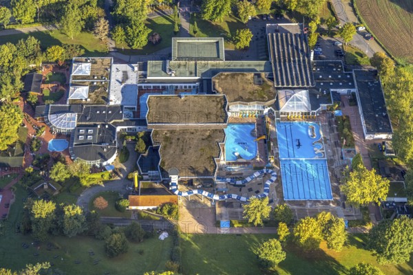 Aerial view, LAGO Die Therme Wellness-Center im Revierpark Gysenberg im Stadtteil Börnig in Herne, Ruhr area, North Rhine-Westphalia, Germany, DE, Europe, Gysenbergpark, Herne, aerial view, aerial photography, aerial photography, sauna, brine world, overview, bird's eye view, water worlds, wellness, birds-eyes view, overview
