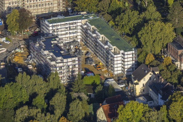 Aerial view, Widumer Höfe construction site at the Campus St. Elisabeth Group with eight educational institutions in the Sodingen district of Herne, Ruhr area, North Rhine-Westphalia, Germany, construction work, construction area, building site, building plots, construction project, construction site, educational institution, DE, Europe, Herne, Kath. Kliniken Rhein-Ruhr, aerial view, aerial photography, aerial photography, new building, overview, bird's-eye view, overview
