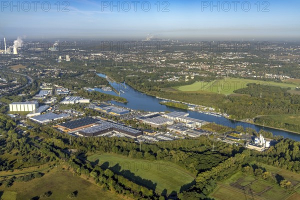 Aerial view, Friedrich der Große industrial estate on the Herne Sea and marina on the Rhine-Herne Canal in the Horsthausen district of Herne, Ruhr area, North Rhine-Westphalia, Germany, DE, Former Friedrich der Große Colliery Shaft 3, Europe, commercial enterprises, commercial area, industrial estate, industrial park, commercial location, commercial use, harbour, Herne, industrial area, industrial location, aerial view, aerial photography, aerial photography, overview, bird's-eye view, marina, birds-eyes view, overview
