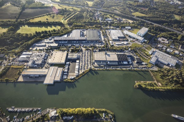 Aerial view, Friedrich der Große industrial estate on the Herne Sea and marina on the Rhine-Herne Canal in the Horsthausen district of Herne, Ruhr area, North Rhine-Westphalia, Germany, DE, Former Friedrich der Große Colliery Shaft 3, Europe, commercial enterprises, commercial area, industrial estate, industrial park, commercial location, commercial use, harbour, Herne, industrial area, industrial location, aerial view, aerial photography, aerial photography, overview, bird's-eye view, marina, birds-eyes view, overview