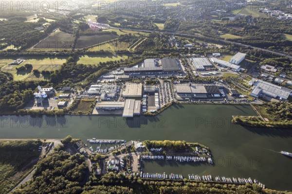 Aerial view, Friedrich der Große industrial estate on the Herne Sea and marina on the Rhine-Herne Canal in the Horsthausen district of Herne, Ruhr area, North Rhine-Westphalia, Germany, DE, Former Friedrich der Große Colliery Shaft 3, Europe, commercial enterprises, commercial area, industrial estate, industrial park, commercial location, commercial use, harbour, Herne, industrial area, industrial location, aerial view, aerial photography, aerial photography, overview, bird's-eye view, marina, birds-eyes view, overview