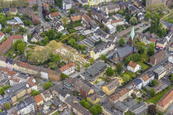 Aerial view, construction site Karlstraße for nursing home and kindergarten, St. Laurentius Church, Wanne, Herne, Ruhr area, North Rhine-Westphalia, Germany, place of worship, construction work, construction area, building site, building plots, construction project, construction site, DE, Europe, religious community, place of worship, holy place, church, parish, day-care centre, denomination, aerial view, aerial photography, aerial photography, new building, religion, religious site, overview, bird's-eye view, overview