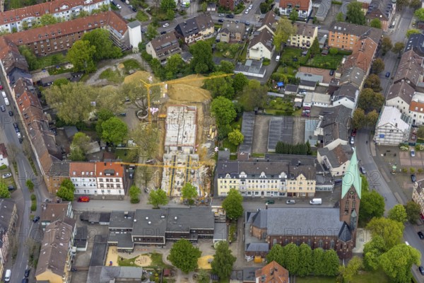 Aerial view, construction site Karlstraße for nursing home and kindergarten, St. Laurentius Church, Wanne, Herne, Ruhr area, North Rhine-Westphalia, Germany, place of worship, construction work, construction area, building site, building plots, construction project, construction site, DE, Europe, religious community, place of worship, holy place, church, parish, day-care centre, denomination, aerial view, aerial photography, aerial photography, new building, religion, religious site, overview, bird's-eye view, overview