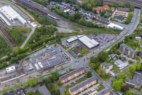 Aerial view, commercial area Dorstener Straße, local supply centre, Wanne-Süd, Herne, Ruhr area, North Rhine-Westphalia, Germany, Aldi supermarket, DE, shopping centre, Europe, aerial view, aerial photography, aerial photography, Rewe supermarket, overview, bird's eye view, birds-eyes view, overview