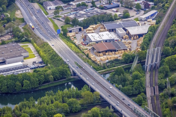 Aerial view, Emscher valley bridge, A43 motorway bridge in stress test, dilapidated transport infrastructure, Rhine-Herne Canal, Baukau, Herne, Ruhr area, North Rhine-Westphalia, Germany, motorway A43, motorway bridge, motorway closure, railway tracks, bridge, DE, railway bridge, Europe, aerial view, aerial photography, aerial photography, Recklinghausen, overview, bird's-eye view, birds-eyes view, overview