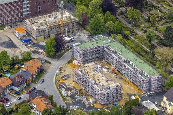 Aerial view, construction site campus of the St. Elisabeth Group, Widumer Höfe retirement homes, Ruhr education centre, Sodingen, Herne, Ruhr area, North Rhine-Westphalia, Germany, retirement home, construction work, construction, construction area, building site, building plots, construction project, construction site, care and nursing, DE, Europe, aerial view, aerial photography, aerial photography, new construction, care facility, retirement home, retirement residence, retirement home, senior centre, overview, bird's eye view, bird's eye view, overview