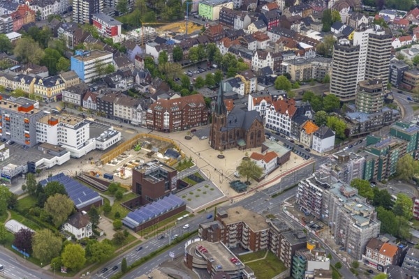 Aerial view, new construction Europagarten building at Europaplatz, LWL Museum of Archaeology, Kreuzkirche, Herne-Mitte, Herne, Ruhr area, North Rhine-Westphalia, Germany, place of worship, construction work, construction area, building site, building plots, construction project, construction site, DE, Europe, religious community, place of worship, capacity requirement, church, parish, denomination, LWL, Landschaftsverband Westfalen-Lippe, aerial view, aerial photography, aerial photography, museum, new building, photovoltaic, photovoltaic system, religion, solar, solar system, solar energy, solar energy, overview, bird's-eye view, Westphalian State Museum, birds-eyes view, overview