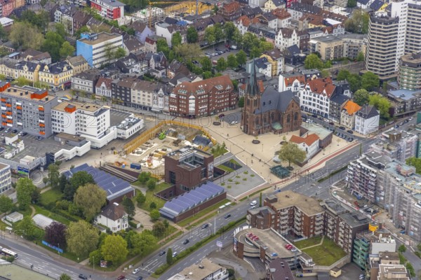 Aerial view, new construction Europagarten building at Europaplatz, LWL Museum of Archaeology, Kreuzkirche, Herne-Mitte, Herne, Ruhr area, North Rhine-Westphalia, Germany, place of worship, construction work, construction area, building site, building plots, construction project, construction site, DE, Europe, religious community, place of worship, capacity requirement, church, parish, denomination, LWL, Landschaftsverband Westfalen-Lippe, aerial view, aerial photography, aerial photography, museum, new building, photovoltaic, photovoltaic system, religion, solar, solar system, solar energy, solar energy, overview, bird's-eye view, Westphalian State Museum, birds-eyes view, overview