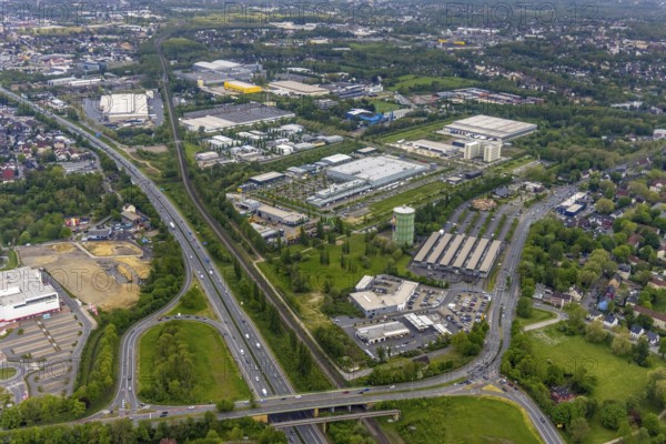 Aerial view, gasometer Herne, industrial area Lindenallee, Herne, Ruhr area, North Rhine-Westphalia, Germany, DE, DECATHLON Herne, Europe, commercial enterprises, commercial area, commercial park, commercial location, commercial use, industrial facilities, industrial area, industrial location, job centre Herne, aerial view, aerial photography, aerial photography, Rhine-Ruhr metropolitan region, Sanacorp Pharmahandel GmbH, overview, bird's eye view, birds-eyes view, overview