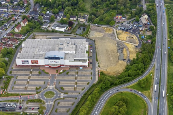 Aerial view, Zurbrüggen Wohn-Zentrum Herne, Herne-Süd, Herne, Ruhr area, North Rhine-Westphalia, Germany, Am Westerfeld, DE, Europe, commercial enterprises, commercial space, commercial area, commercial location, commercial use, roundabout, roundabout, aerial view, aerial photography, aerial photography, furniture store, car parks, overview, bird's-eye view, overview