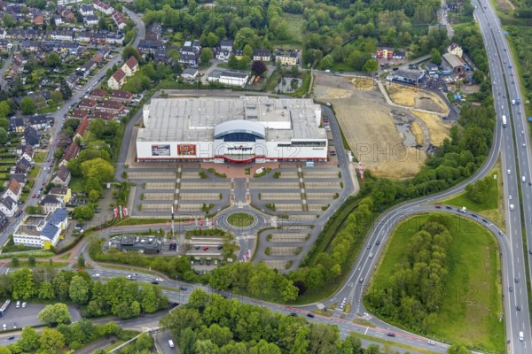 Aerial view, Zurbrüggen Wohn-Zentrum Herne, Herne-Süd, Herne, Ruhr area, North Rhine-Westphalia, Germany, Am Westerfeld, DE, Europe, commercial enterprises, commercial space, commercial area, commercial location, commercial use, roundabout, roundabout, aerial view, aerial photography, aerial photography, furniture store, car parks, overview, bird's-eye view, overview