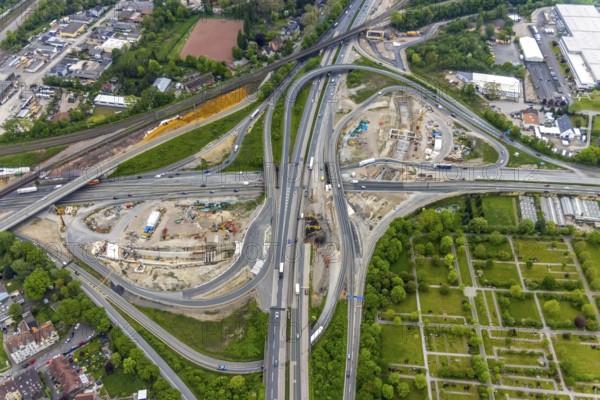 Aerial view, construction site due to A43 extension, motorway junction Herne, motorway A42, motorway A43, Baukau-West, Herne, Ruhr area, North Rhine-Westphalia, Germany, motorway, motorway bridge, motorway junction, construction work, construction area, construction site, building plots, construction project, construction site, DE, Europe, aerial view, aerial photography, aerial photography, new construction, overview, bird's-eye view, overview