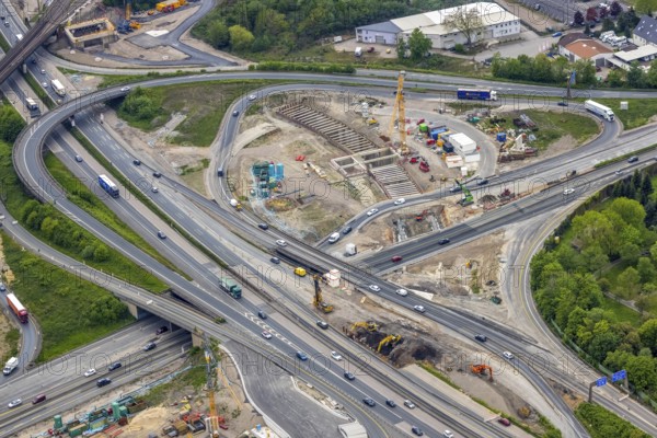 Aerial view, construction site due to A43 extension, motorway junction Herne, motorway A42, motorway A43, Baukau-West, Herne, Ruhr area, North Rhine-Westphalia, Germany, motorway, motorway bridge, motorway junction, construction work, construction area, construction site, building plots, construction project, construction site, DE, Europe, aerial view, aerial photography, aerial photography, new construction, overview, bird's-eye view, overview