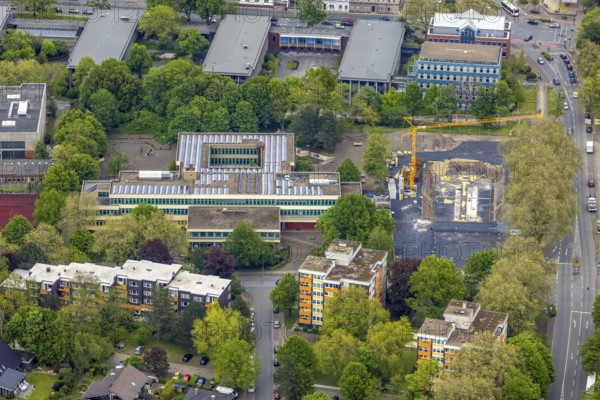 Aerial photo, construction site at Pestalozzi-Gymnasium, Baukau, Herne, Ruhr area, North Rhine-Westphalia, Germany, construction work, construction area, construction site, building plots, construction crane, construction measure, construction project, construction site, education, educational institution, Cranger Straße, DE, Europe, grammar school, teaching institute, aerial photo, aerial photography, aerial photography, school, overview, bird's-eye view, bird's-eye view, overview